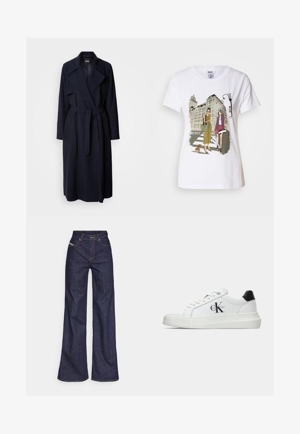 Tengerész kékszínű trench coat nagyméretű gallérral, hosszú ujjakkal, derékon megkötött övvel és oldalzsebekkel. Simogatós anyag, laza szabással.; Fehér pamut póló, amelyen nyomtatott illusztráció látható két nő városi divatstílusban, egy kutyával a zebrán és városi épületekkel a háttérben.; Sötétkék, bő szárú farmernadrág, magas derékkal, narancssárga varrással, öt zsebes kialakítással és gombos zárással.; Fehér alacsony szárú edzőcipő fekete saroktabbal, platform talppal, fűzőkkel és Calvin Klein "CK" logóval az oldalán.