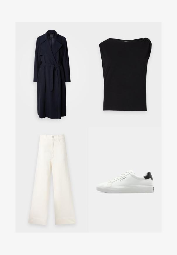 Casaco de trench navy com um grande colarinho, mangas longas, um cinto atado na cintura e bolsos laterais. Tecido suave com um design de ajuste descontraído.; Top preto de manga curta feito de tecido suave. Apresenta um decote redondo e detalhe drapeado no ombro. Design simples e ajustado.; Calças largas em algodão bege claro. Apresentam uma cintura alta, bolsos frontais e um corte reto. Acabamento de bainha limpo, sem padrões.; Sapatilha branca com acabamento liso, detalhe preto no calcanhar e design com atacadores. Apresenta a marca "Calvin Klein" na lateral. Estilo minimalista.