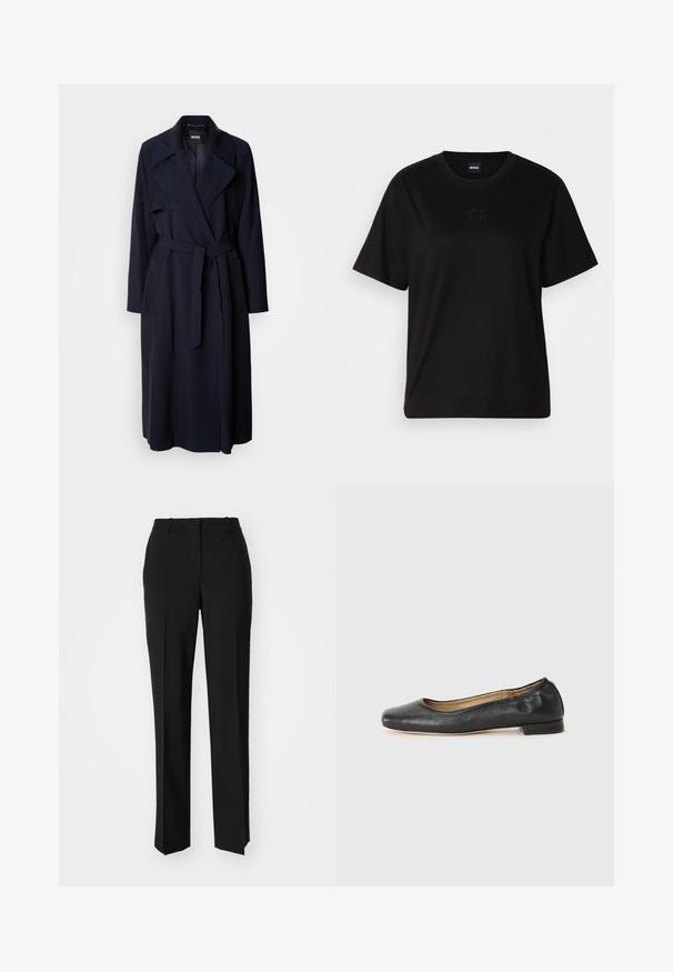 Marintrenchcoat med stor krage, långa ärmar, ett knytbälte i midjan och sidofickor. Slätt tyg med en avslappnad passform.; Svart bomullströja med rund halsringning, korta ärmar och en broderad logotyp på bröstet. Enkel, avslappnad passform utan mönster.; Svarta skräddarsydda byxor med rak benform, med en slät yta och skarpa veck fram. Ingen synlig hårdvara.; Svarta läderballerinaskor med rund tå och minimal sömnad. Låg, rektangulär klack och slät textur. Subtilt inre foderbeteende.