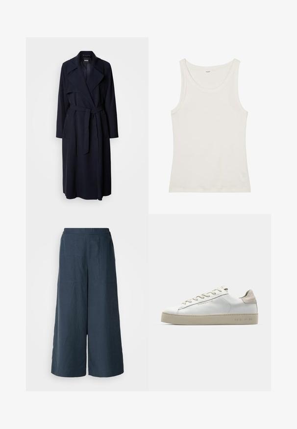 Granatowy płaszcz trench z dużym kołnierzem, długimi rękawami, paskiem związanym w talii oraz kieszeniami po bokach. Gładki materiał w luźnym kroju.; Biała bawełniana koszulka na ramiączkach z szerokim dekoltem i cienkimi ramiączkami. Gładka faktura bez widocznych wzorów czy zdobień.; Spodnie z szerokimi nogawkami w kolorze granatowym, wykonane z lekkiego materiału. Cechują się lekko teksturowaną powierzchnią, elastycznym pasem oraz szwami z przodu.; Białe skórzane sneakersy o gładkim wykończeniu, beżowe zamszowe akcenty, okrągły czubek, płaski system wiązania i teksturowana gumowa podeszwa.