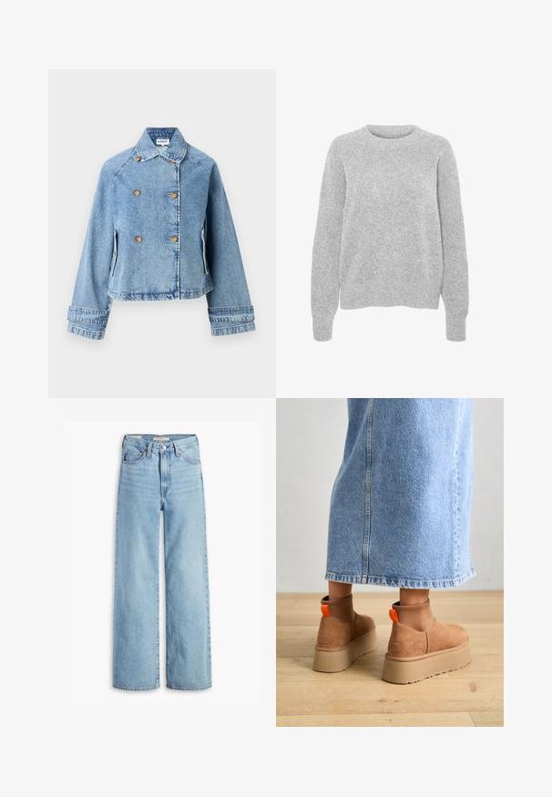 Chaqueta de mezclilla en azul claro con diseño de doble botonadura, botones dorados y corte crop. Presenta un cuello clásico y bolsillos laterales.; Suéter gris de punto con mangas largas, cuello redondo, puños y dobladillo acanalados, que presenta una textura suave y un corte relajado.; Jeans de pierna ancha de talle alto, de un azul claro, con botón y cremallera en el frente, lazos para cinturón y estilo de cinco bolsillos.; Botas de plataforma de ante marrón con paneles laterales elásticos y tiradores naranjas, combinadas con una falda de mezclilla ligera hasta la rodilla sobre un suelo de madera.