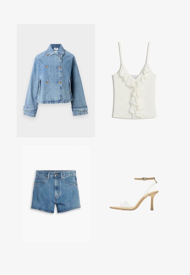 Jeans jakna svijetlo plave boje s dvostrukim kopčanjem, zlatnim dugmadima i skraćenim krojem. Ima klasičnu kragnu i bočne džepove.; Bela bezrukavna majica s V-izrezom, s naglašenim volanima duž središnjeg dijela. Izrađena od mekog, teksturiranog materijala.; Traper šorts u svijetloplavoj boji, sa pet džepova, rajsferšlusom i kopčanjem na dugme. Rubovi su pohabani, a dizajn je opušten.; Sandal s prozirnim potplatom i prozirnim gornjim dijelom, bež uloškom i tankim remenom oko gležnja. Ima špicasti vrh i tanak visoki potplat.