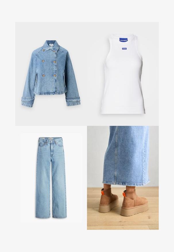 Vaalea sininen farkkutakki, jossa on kaksirivinen malli, kultaiset napit ja lyhyt mitoitus. Ominaisuuksiin kuuluu klassinen kaulus ja sivutaskut.; Valkoinen hihaton toppi ribbitetystä kankaasta, jossa on pyöreä pääntie ja sininen "HUGO" -etiketti kaula-aukon lähellä. Silkkinen rakenne.; Korkeavyötäröiset, vaaleansiniset levenevät farkut, joissa on etupainike ja vetoketju, vyölenkit ja viisi taskua.; Ruske mokasine z platformo in elastiko na straneh ter oranžnimi zategovalnimi trakovi, v kombinaciji z osnovno dolžino svetle denim krila na lesenem podu.