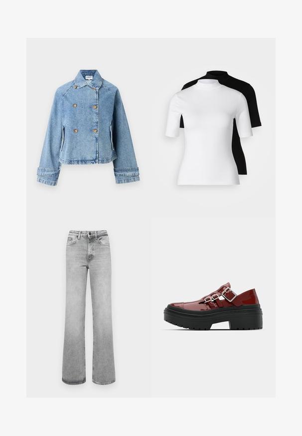 Denim jakna v svetlo modri barvi z dvojnim zapenjanjem, zlatimi gumbi in skrajšanim krojem. Ima klasičen ovratnik in stranska žepa.; Set dveh prilegajočih se turtleneck majic v beli in črni barvi. Kratki rokavi, gladka bombažna tkanina in tesno prilegajoča zasnova. Brez vzorcev ali grafike.; Svetlo sivi izbledele traperice ravnega kroja z sprednjimi žepi, zankami za pas ter z gumbom in zadrgo.; Rdeče lakirane platforme čevlje z črnimi gumijastimi podplati, ki imajo dva nastavljiva srebrna zaponka prek zaboja.