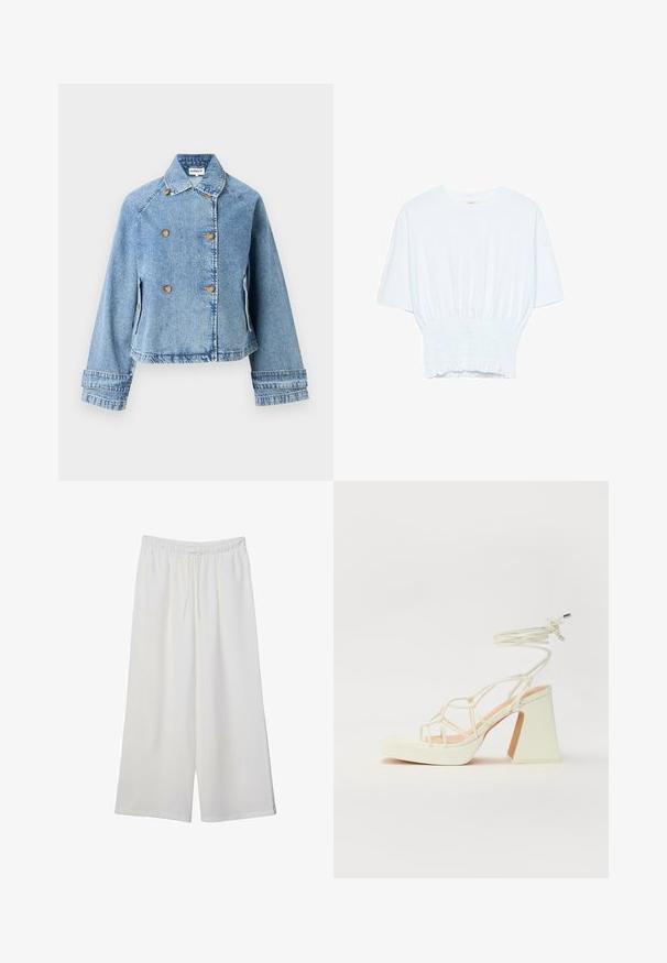 Džínová bunda vo svetlo modrej farbe s dvojradovým zapínaním, zlatými gombíkmi a skráteným strihom. Disponuje klasickým golierom a bočnými vreckami.; Biela krátka T-shirt s voľným strihom a zlaceným textúrou v oblasti pása. Vyrobená z mäkkého, ľahkého materiálu.; Biele široké nohavice z ľahkého materiálu s elastickým pásom a šnúrkou na nastavenie veľkosti. Hladká textúra.; Biele sandále na vysokom opätku s hrubým podpätkom, s pruhovaným dizajnom a viazaním na členku. Hladký povrch s platformou vpredu pre zvýšenú výšku.