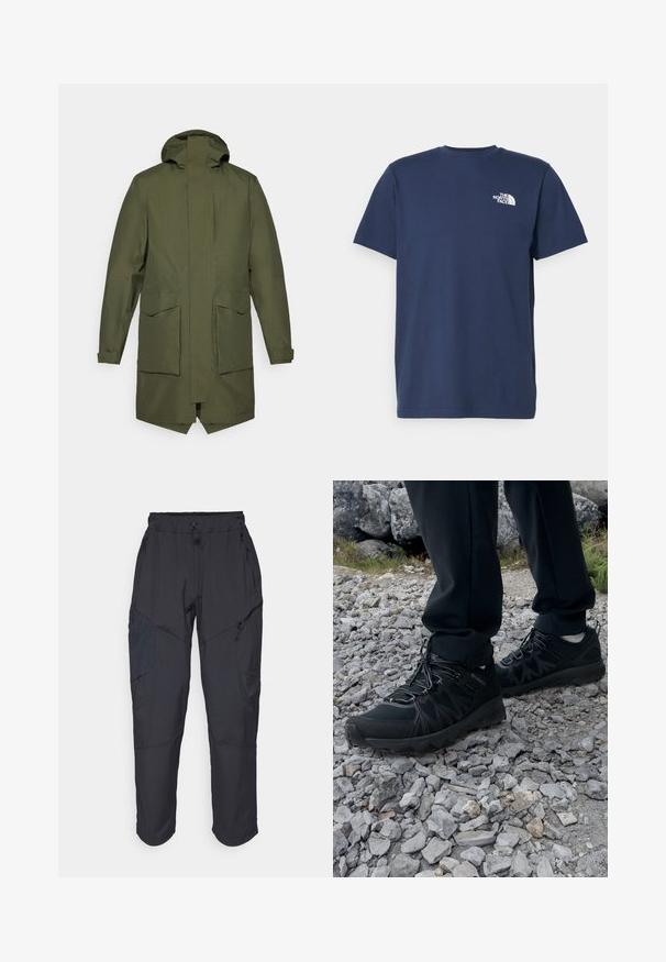 Olive green long parka jacket with a hood, featuring two front pockets and a straight cut, made of durable, water-resistant material.; Navy blue cotton t-shirt with short sleeves and crew neckline. Features a small white logo on the left chest. Smooth texture.; Black cargo pants made from a lightweight, water-resistant material; features elastic waistband, multiple zippered pockets, and tapered legs.; Black outdoor shoes with mesh and synthetic material, featuring a textured upper, secured lacing system, and a rugged outsole, on rocky terrain.