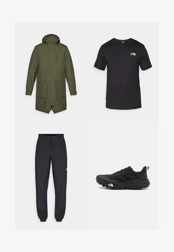 Zelená dlhá parka s kapucňou, so štyrmi prednými vreckami a rovnými líniami, vyrobená z odolného, vodoodolného materiálu.; Čierne tričko s krátkym rukávom vyrobené z bavlny, s okrúhlym výstrihom a malým bielym logom na hornej ľavej strane hrude.; Čierne športové nohavice vyrobené z ľahkej tkaniny, s elastickým pásom na šnurovanie, bočnými vreckami a zúženými manžetami na členkoch.; Čierne trailové behacie topánky s štruktúrovaným zvrškom, gumovou podrážkou a vystuženou špičkou. Obsahuje polstrovaný golier a úchyt na jednoduché obúvanie.