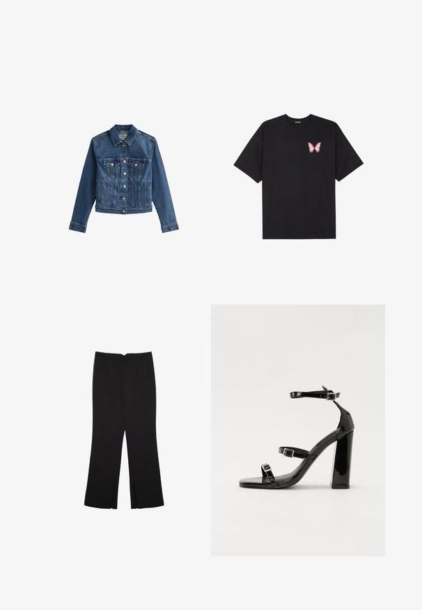 New Look - Kurtka jeansowa; Czarny bawełniany t-shirt z krótkim rękawem, z małym różowym motylkiem na lewej piersi. Klasyczny dekolt z luźnym fasonem.; Czarne spodnie o prostym kroju, z przednimi kieszeniami i bocznymi rozcięciami na dole. Wykonane z miękkiego, gładkiego materiału. Odpowiednie na różne okazje.; Czarne lakierowane sandały na obcasie z kwadratowym noskiem, z paskami wokół kostki i srebrnymi klamrami. Posiadają masywny słupek dla stabilności.