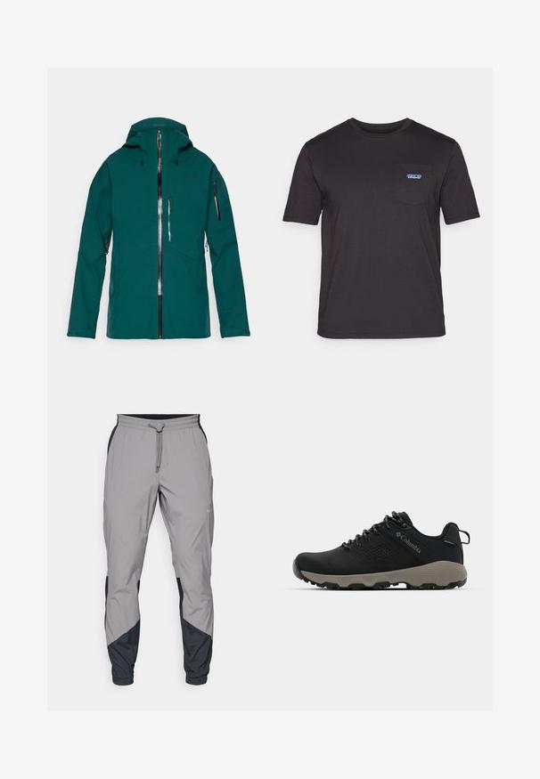 Teeffarbene wasserdichte Jacke mit Kapuze, wasserabweisenden Reißverschlüssen an der Vorderseite und an den Ärmeln, einer Brusttasche und verstellbaren Bündchen, entworfen für den Einsatz im Freien.; Schwarzes T-Shirt mit kurzen Ärmeln aus Baumwolle, ausgestattet mit einer Brusttasche, die auf der linken Seite ein blaues Patagonia-Logo zeigt.; Leichte, graue Sporthosen mit schwarzen Akzenten. Elastischer Bund, Kordelzugverschluss, taillierte Beinform und Seitentaschen.; Schwarze Wanderschuhe mit glattem Obermaterial, perforiertem Design, grauer Laufsohle und verstärktem Fersenbereich. Mit Schnürsenkeln und einer Schlaufe für einfaches Anziehen.