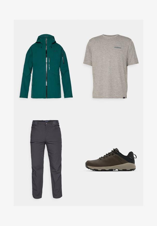 Casaco impermeável em verde água com capuz, zíperes à prova d'água na frente e nas mangas, bolso no peito e punhos ajustáveis, projetado para uso ao ar livre.; Camiseta cinza de manga curta feita de um tecido suave e texturizado, com um pequeno logo azul da Patagonia no lado esquerdo do peito. Sem padrões adicionais.; Calças cinza-escuras feitas de um tecido durável, com um bolso com fecho éclair, corte reto e passantes para cinto para um ajuste ajustável.; Ténis impermeáveis castanhos com um upper texturizado, detalhes perfurados, apoio para o calcanhar preto e uma sola de borracha cinza. Os atacadores têm extremidades metálicas.