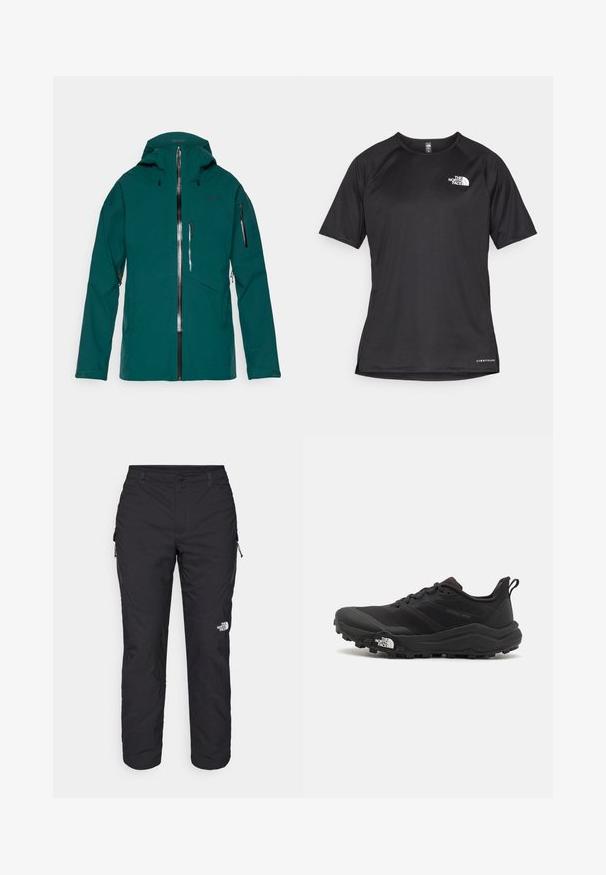 Teal waterproof jacket with hood, front and sleeve water-resistant zippers, chest pocket, and adjustable cuffs, designed for outdoor use.; Black short-sleeve athletic shirt with a textured fabric, featuring a white logo on the left chest and a straight hem.; The North Face WINTER EXPLORATION TAPERED CARGO - Outdoor trousers - black; Black trail running shoe with a textured upper, rubber sole, and reinforced toe cap. Features a padded collar and pull tab for easy wear.