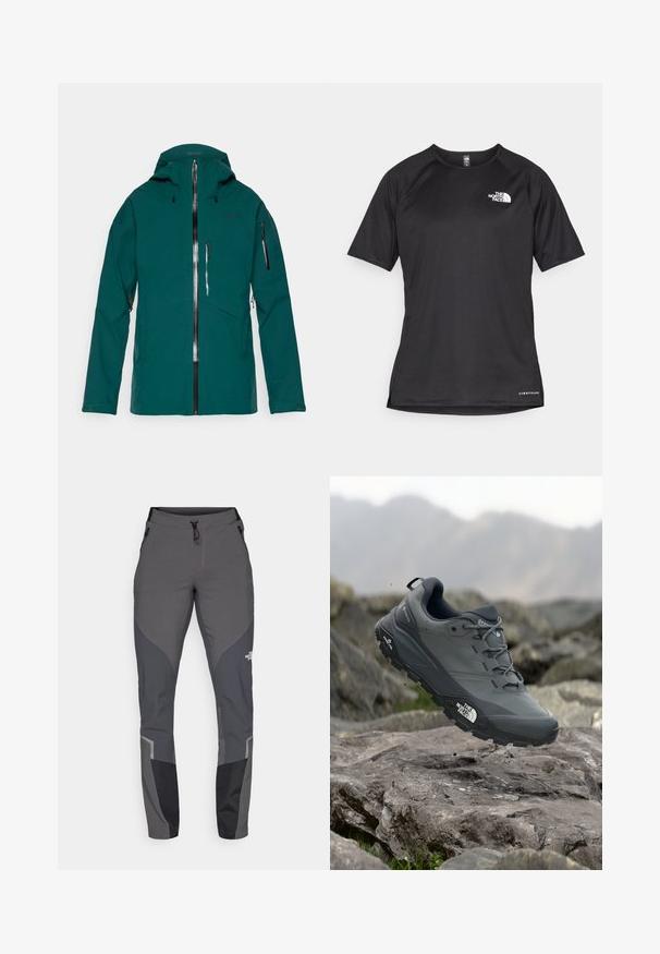 Küpsistega veekindel türgi sinine jakk, millel on kapuuts, veekindlad lukud ees ja varrukatel, rinna tasku ja reguleeritavad mansetid, mõeldud välitegevuseks.; Must mustreening, lühikeste varrukatega sportpoliis, millel on tekstuuriga kangas, valge logo vasakul rinnal ja sirge äär.; Hallkonnad hallid matkapaid, millel on kitsenev disain, mitmed taskud ja kontrastsed tumedat halli ning musta aktsendid. Valmistatud paindlikust ja vastupidavast materjalist.; Hallhalli jooksukingad halli värvi, tekstureeritud ülemise osaga, vastupidava kummist tallaga ja tugevdatud varvaste kattega. Omab paelu ja kaubamärgi logo küljel.