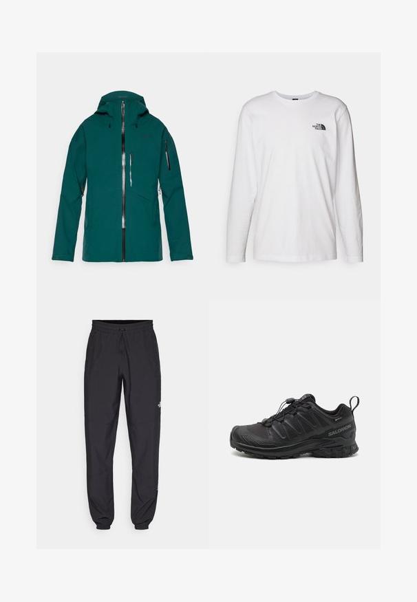 Teeffarbene wasserdichte Jacke mit Kapuze, wasserabweisenden Reißverschlüssen an der Vorderseite und an den Ärmeln, einer Brusttasche und verstellbaren Bündchen, entworfen für den Einsatz im Freien.; Weißes langärmliges T-Shirt aus Baumwolle mit Rundhalsausschnitt. Verfügt über ein kleines schwarzes Logo auf der Brust. Glatte Textur, reguläre Passform.; Schwarze Sporthosen aus leichtem Stoff, mit einem Kordelzugbund, seitlichen Taschen und schmal zulaufenden Bündchen an den Knöcheln.; Schwarzer Sportschuh mit einer strukturierten, synthetischen Oberseite, gepolsterten Sohle und einem schnellen Schnürsystem. Verfügt über eine verstärkte Zehen- und Fersenkappe.