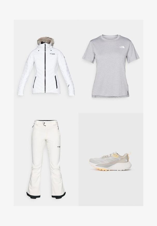Columbia BIRD MOUNTAIN™ INSULATED JACKET - Skijakke - white; Grå kortermet t-skjorte laget av myk, fukttransporterende stoff. Har en rund hals og en liten hvit logo på øvre venstre side.; Hvite skibukser laget av mykt, fleksibelt materiale. Har en tettsittende midje, vide, utvidede ben og svart kanting ved ermene. Merkevarelogo synlig.; Lettvekts løpesko i lysegrå og gul. Har en pustende mesh-overdel, teksturert mellomsåle og ruglete gummisåle.