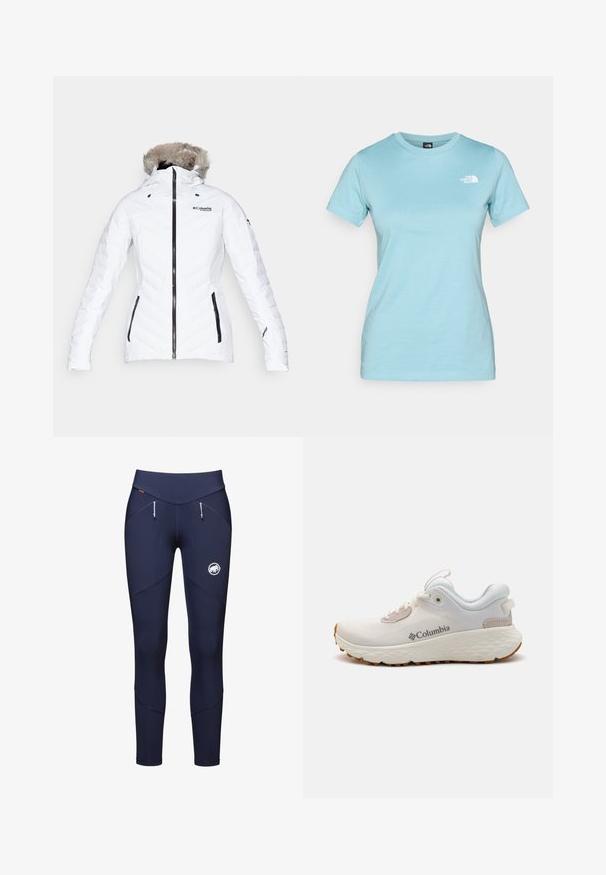 Columbia BIRD MOUNTAIN™ INSULATED JACKET - Slidinėjimo striukė - white; Šviesiai mėlynas medvilninis marškinėliai trumpomis rankovėmis ir apvaliu kaklu; turi mažą baltą logotipą viršutiniame kairiajame krūtinės kampe.; Tamsiai mėlynos sportinės leggingos su aukštu juosmeniu, užtrauktukais kišenėse ir logotipu ant blauzdos. Lygi, elastinga medžiaga su siūlių detalėmis.; Lengvas Columbia sportinis batelis balto tinklinio audinio su tekstūruota pilka padanga ir guma sukibimui. Yra paminkštinta apykaklė ir raištelių dizainas.