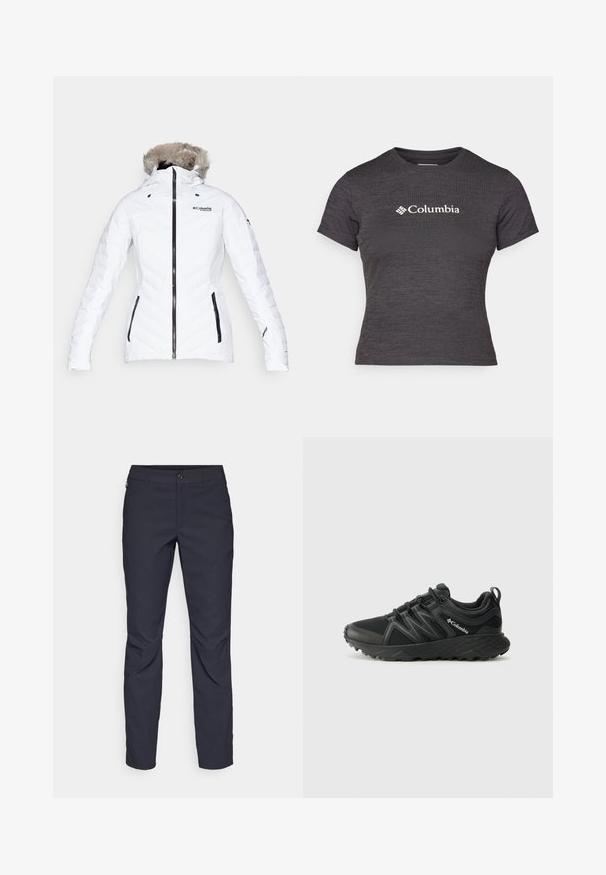 Columbia BIRD MOUNTAIN™ INSULATED JACKET - Slēpošanas jaka - white; Tumši pelēks īsām piedurknēm T-krekls, izgatavots no teksturētas auduma, ar apaļu kaklu, ar baltu Columbia logo krūtīs.; Navy zila bikses, kas izgatavotas no gludas auduma, ar priekšējo pogu aizdari, pieguļošu siluetu un krokām pie ceļgaliem.; Columbia PEAKFREAK - Pārgājienu apavi - black