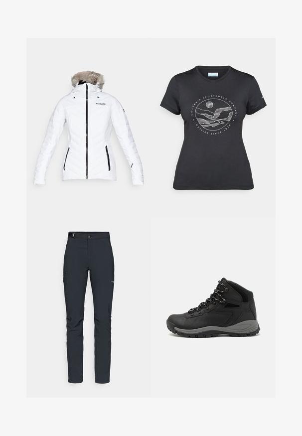 Columbia BIRD MOUNTAIN™ INSULATED JACKET - Ski jacket - white; Black Columbia t-shirt with white circular mountain and river line art and text "Columbia Sportswear Company Outside Since 1938."; Men's outdoor pants, dark gray, made from flexible material, featuring a belt, zippered pockets, and reinforced stitching.; Black hiking boot with a mid-top design, featuring a textured upper, gray accents, and durable rubber sole with traction lugs.