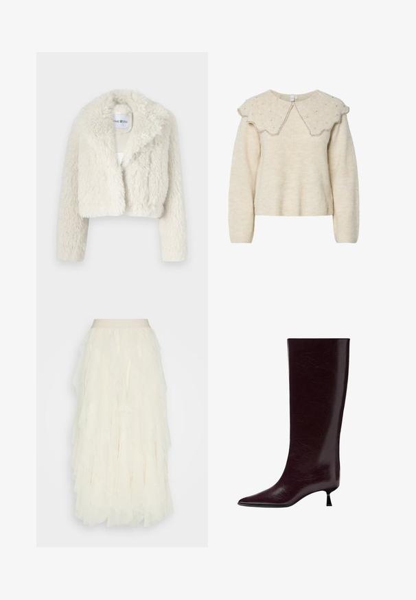 Zkrácená bílá umělá kožešinová bunda s širokým límcem, která má měkký, texturovaný povrch a dlouhé rukávy. Uvnitř je viditelný štítek.; Krémový svetr s vlnitým límcem a stříbrnými korálky. Vyrobeno z texturované, jemné látky. Má dlouhé rukávy a volný střih.; Krémová tylová sukně s vrstvenými volány. Má hladký pas a texturovaný, průhledný povrch. Délka ke střednímu lýtku.; Dlouhý až po kolena burgundský kožený bot s elegantním texturovaným povrchem, špičatou špičkou a tenkým, vrstveným podpatkem pro zvýšenou výšku.