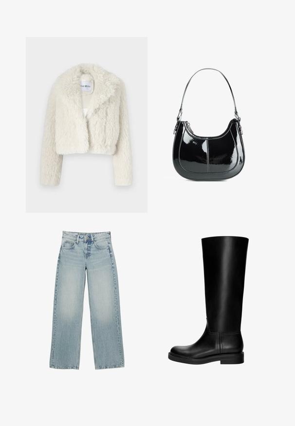 Zkrácená bílá umělá kožešinová bunda s širokým límcem, která má měkký, texturovaný povrch a dlouhé rukávy. Uvnitř je viditelný štítek.; Pruhovaná košile na knoflíky hnědé a bílé barvy, s dlouhými rukávy, špičatým límcem a zakřiveným lemem. Texturovaná látka s vertikálními pruhy.; Svetle modré džíny s širokými nohavicemi a vysokým pasem, které mají pět kapes, zapínání na knoflík a jemné vyblednutí pro opotřebovaný vzhled.; Černá kožená vysoká bota s hladkým povrchem, zaoblenou špičkou, decentním designem a nízkým blokovým podpatkem. Žádné viditelné kovové prvky ani vzory.; Černá lakovaná kožená kabelka s zakřiveným designem, zipovým uzavřením a jedním ramenním popruhem, který má stříbrné kování a akcenty prošívání.