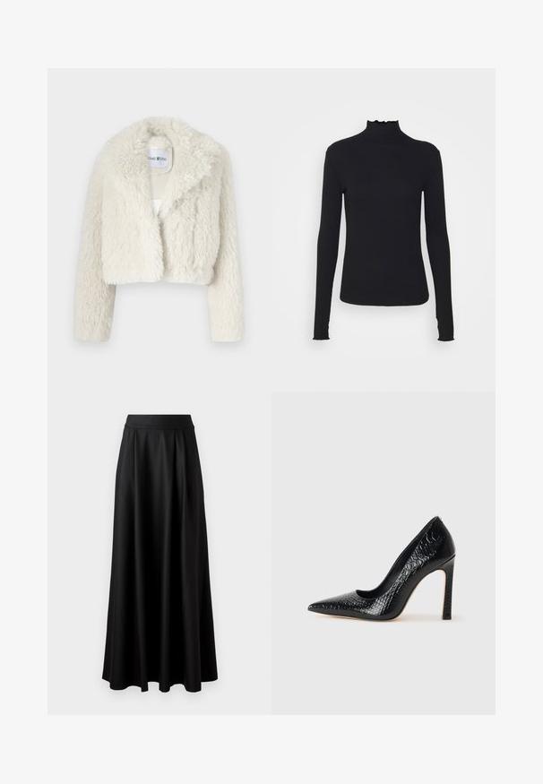 Cropped white faux fur jacket with a wide collar, featuring a soft, textured surface and long sleeves. Label visible inside.; Black long-sleeve turtleneck top made of smooth fabric, featuring a ruffled neck and fitted silhouette with simple edges.; Black, floor-length skirt with a smooth texture, wide waistband, and pleated design, featuring no visible patterns or embellishments.; Black pointed-toe high heel shoe with a crocodile-skin texture, featuring a sleek design, high stiletto heel, and smooth black interior.
