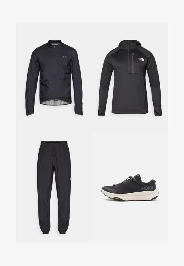 Juodas lengvas švarkas su ilgomis rankovėmis, aukštu apykakle ir priekine užtrauktuku. Yra logotipas kairiajame krūtinės rajone ir lygus vidinis pamušalas.; The North Face MOUNTAIN ATHLETICS HOODED 1/4 - Džemperis su gobtuvu - black; Juodos sportinės kelnės, pagamintos iš lengvos medžiagos, su raišteliu liemens srityje, šoniniais kišenėmis ir siaurėjantys apykaklės prie kulkšnies.; Juodos sportinės bateliai su tekstūruota viršutine dalimi, pilkų akcentų, atspindinčiomis detalėmis ir storu baltu padu su Vibram prekės ženklu.