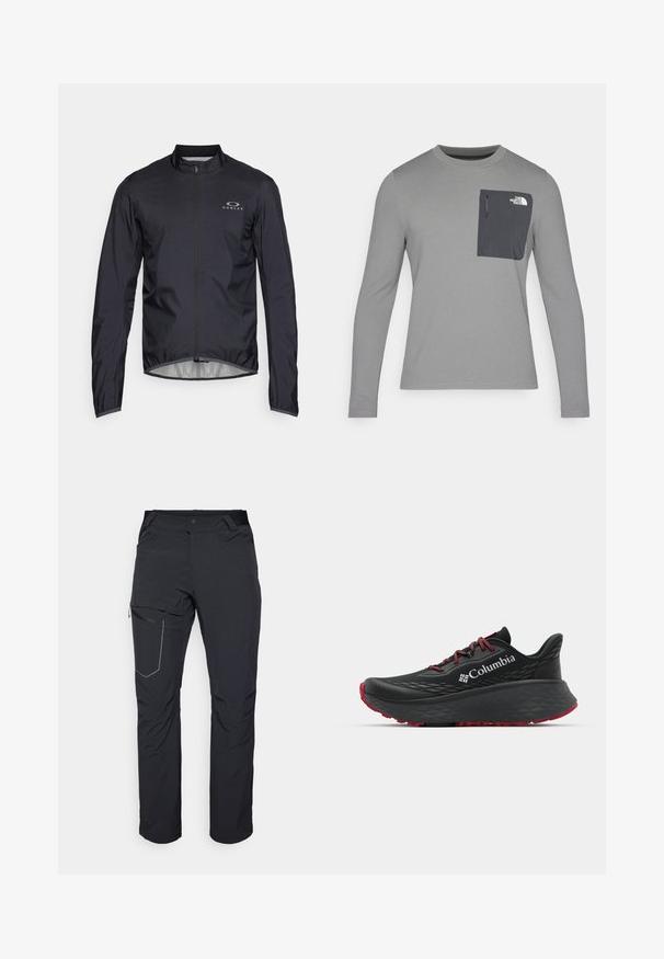 Schwarze leichte Jacke mit langen Ärmeln, hohem Kragen und einem Reißverschluss vorne. Mit einem Logo auf der linken Brust und einem glatten Innenfutter.; Langärmliges graues Shirt aus strukturiertem Stoff, mit einer dunkelgrauen Brusttasche und einem Reißverschluss. Logo in Weiß auf der Tasche.; Schwarze Outdoor-Hosen mit einem Reißverschlusstaschen an den Oberschenkeln, elastischem Bund und glattem, wasserabweisendem Stoff. Sauberes Design ohne sichtbare Logos.; Schwarzer Sportschuh mit strukturiertem Obermaterial, roten Schnürsenkeln und Logo. Dicke Sohle mit strukturiertem Profil für Traktion. Minimalistisches Design, Seitenansicht.