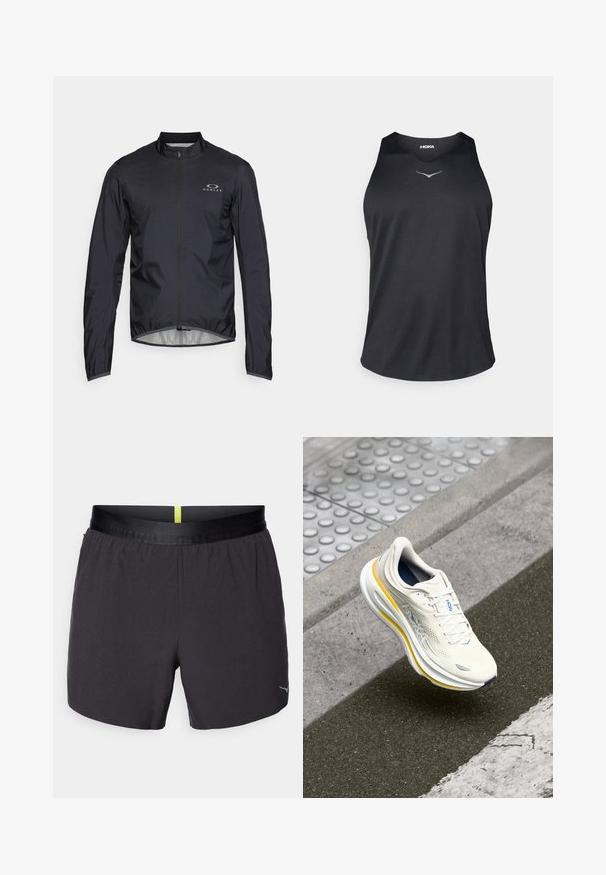 Črna lahka jakna z dolgimi rokavi, visokim ovratnikom in sprednjim zadrgo. Ponuja logo na levi strani prsnega koša in gladko notranjo podlogo.; Črn brezrokavnik za šport, izdelan iz dihajočega materiala, z okroglo odprtino za vrat in odsevnimi logotipi na prsih.; Črne atletske kratke hlače z gladko teksturo, elastičnim pasom z rumenim okrasjem ter majhnim logotipom na spodnjem desnem delu.; Bela in rumena HOKA športna obutev lebdi nad teksturiranim pločnikom in robnikom ceste blizu pešpoti.