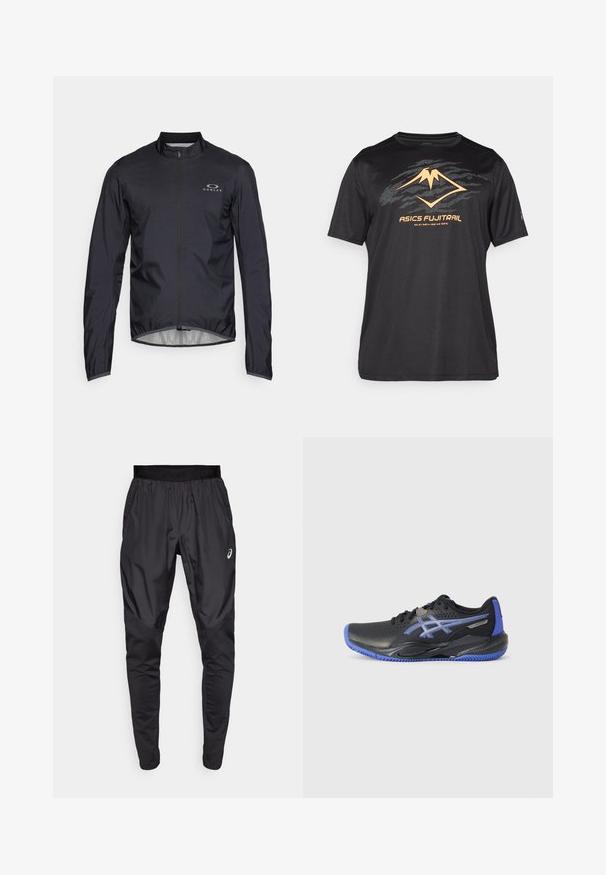 Veste légère noire avec manches longues, col haut et fermeture éclair à l'avant. Présente un logo sur la poitrine gauche et une doublure intérieure lisse.; ASICS FUJITRAIL LOGO TOP - T-shirt de sport - performance black; Pantalons de sport noirs avec une taille élastique, des poches latérales et des panneaux de texture contrastée sur les jambes. Logo Asics sur la hanche.; Baskets noires avec accents bleus, présentant une tige perforée, une semelle texturée et un détail de logo. Bout arrondi et talon rembourré.