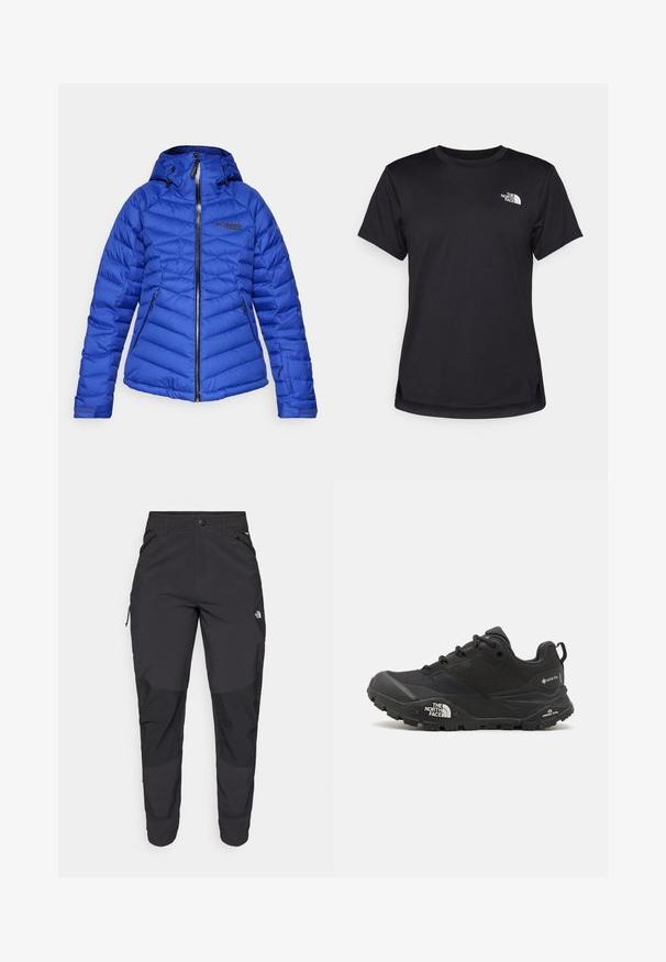 Casaco puffer azul com um design justo, capuz, fecho frontal com zíper e bolsos laterais. Apresenta textura acolchoada e marca Columbia.; The North Face FLEX SHORT SLEEVES TEE - T-shirt desportiva - black; Calças pretas para exterior feitas de um tecido resistente. Apresentam bolsos com fecho, painéis de joelhos reforçados e um design de corte reto para maior mobilidade.; Shoe de caminhada preto com um upper texturizado, fecho de atacador e uma sola de borracha robusta com um logótipo proeminente na lateral e padrões de piso.