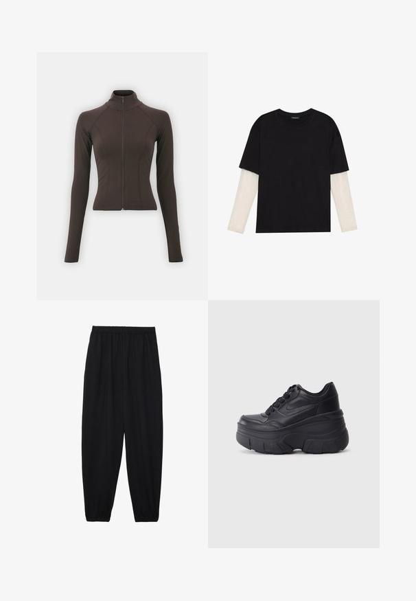 Gina Tricot SOFT TOUCH ZIP JACKET - Chaqueta de entrenamiento - java; Camiseta negra de algodón, con mangas cortas sobre una capa blanca de manga larga con un patrón texturizado sutil. Diseño de escote redondeado.; Pantalones negros, ligeros, con cintura elástica y tobillos fruncidos. La tela es suave y presenta un diseño relajado y ajustado.; Zapatillas negras con cordones y suela gruesa, con parte superior de cuero suave, punta redondeada y un diseño de plataforma en capas distintivo.