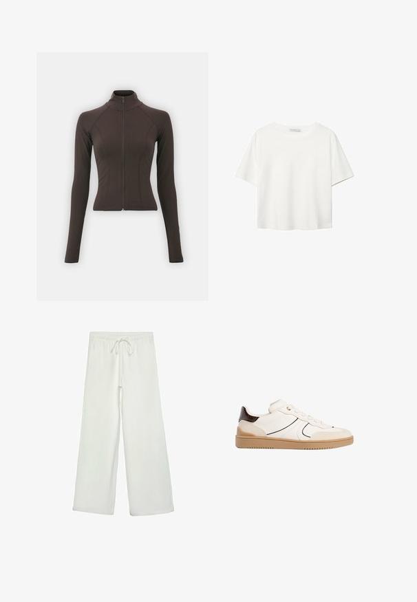 Gina Tricot SOFT TOUCH ZIP JACKET - Training jacket - java; White short-sleeve t-shirt made of cotton. Features a crew neckline and a relaxed fit. Smooth texture with no visible patterns or accents.; White wide-leg pants made of soft fabric. Features an elastic waistband with a drawstring and a smooth texture. No visible patterns or hardware.; Stradivarius Trainers - white