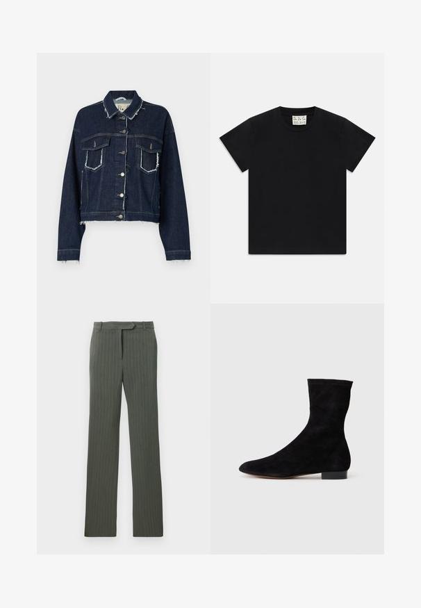 Donkerblauwe spijkerjas met een rafelige zoom, gestructureerde vorm, twee voorkruiszakken en zilveren knoopsluitingen; textuur van de stofafwerking.; Zwarte t-shirt met korte mouwen en ronde hals met een wit label binnen in de kraag, waarop "D.R.C. EST. 2002" staat, tegen een witte achtergrond.; Donkergrijze pinstripe op maat gemaakte broeken met riemlus en een rechtvallende pasvorm, platgelegd op een witte achtergrond.; Zwarte suède enkelboot met een aansluitende schacht, puntige neus en een lage blokhak. Gladde textuur en minimalistisch ontwerp, geschikt voor veelzijdige styling.