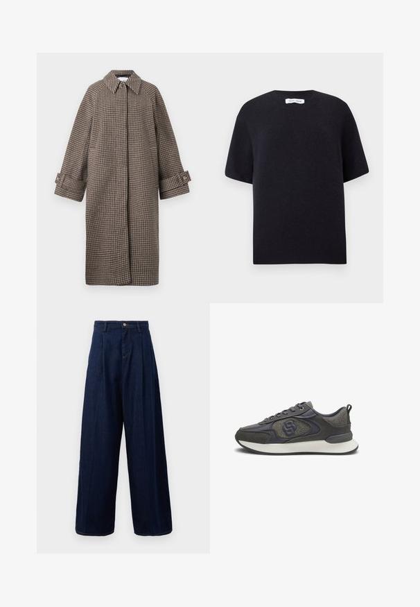 Brązowy płaszcz w szkocką kratę z kołnierzem, zapięciem na guziki i szerokimi rękawami. Posiada sylwetkę w kształcie litery A oraz teksturowany materiał.; Czarny, dziany sweter z krótkim rękawem, okrągłym dekoltem i prążkowanym wykończeniem. Gładka faktura i luźny krój. Minimalistyczny design.; Granatowe, dżinsowe spodnie o szerokich nogawkach z wysokim stanem, z plisowanym przodem i klasycznym zapięciem na guziki, z bocznymi kieszeniami i kontrastowym przeszyciem.; Szare i czarne niskie tenisówki z teksturowanej tkaniny, skórzanymi detalami, sznurowanym przodem, wysoce komfortową białą podeszwą oraz pętelką na pięcie.