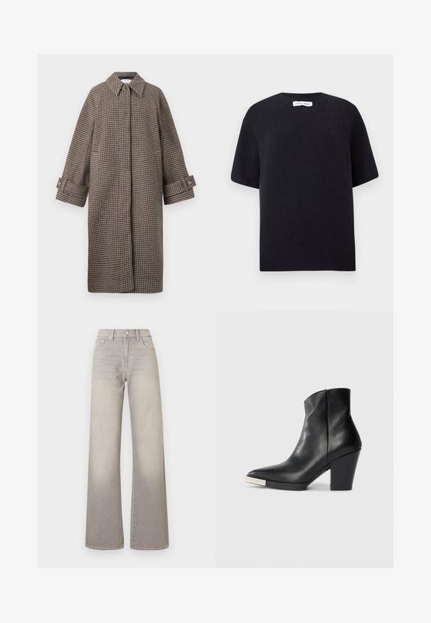 Manteau à chevrons marron avec col, fermeture à boutons et manches larges. Présente une silhouette en A et un tissu texturé.; Pull court en maille noire à manches courtes avec un col rond et un ourlet côtelé. Texture lisse avec une coupe décontractée. Design minimaliste.; Jean large gris avec une finition délavée, fermeture à bouton, design à cinq poches et coutures conçues le long des coutures.; Bottines en cuir noir avec un bout pointu, un talon bloc haut et un détail en métal argenté sur le bout. Texture lisse et design simple.