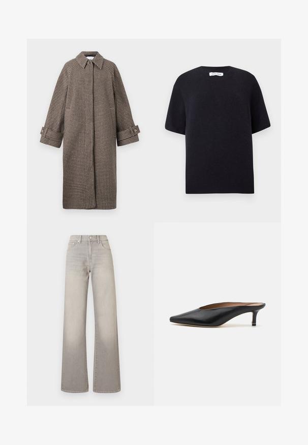 Brown houndstooth coat with a collar, button closure, and wide sleeves. Features an A-line silhouette and textured fabric.; Black knitted short-sleeve sweater with a round neckline and ribbed hem. Smooth texture with a relaxed fit. Minimalist design.; Gray wide-leg jeans with a faded finish, button closure, five-pocket design, and stitched detailing along the seams.; Black leather mules with a pointed toe and low, block heel. Smooth texture with a sleek design. Open back with minimal detailing.