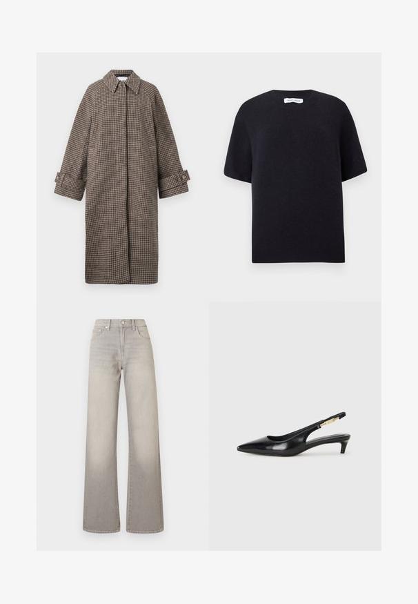 Bruine houndstoothjas met een kraag, knoopsluiting en brede mouwen. Beschikt over een A-lijn silhouet en een gestructureerde stof.; Zwarte gebreide trui met korte mouwen, een ronde halslijn en een ribgebreide zoom. Zachte textuur met een relaxte pasvorm. Minimalistisch ontwerp.; Grijze wijde jeans met een vervaagde afwerking, knoopsluiting, vijfzakkenontwerp en gestikte details langs de naden.; Zwarte leren slingback hakken met een spitse neus, voorzien van een slanke hak en een goudkleurige accent op de verstelbare band. Gladde textuur.