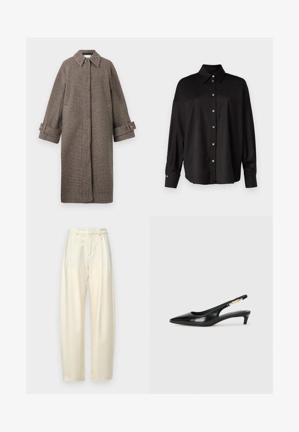 Cappotto a scacchi marrone con collare, chiusura a bottoni e maniche larghe. Presenta una silhouette a trapezio e un tessuto texture.; DRYKORN LYSILA - Camicia - black; Pantaloni a pieghe a vita alta in tessuto crema chiaro. Presentano un taglio dritto e una texture liscia. Nessuna tasca o hardware visibile.; Tacchi slingback in pelle nera con punta affusolata, caratterizzati da un tacco alto e un accento dorato sulla cinghia regolabile. Texture liscia.