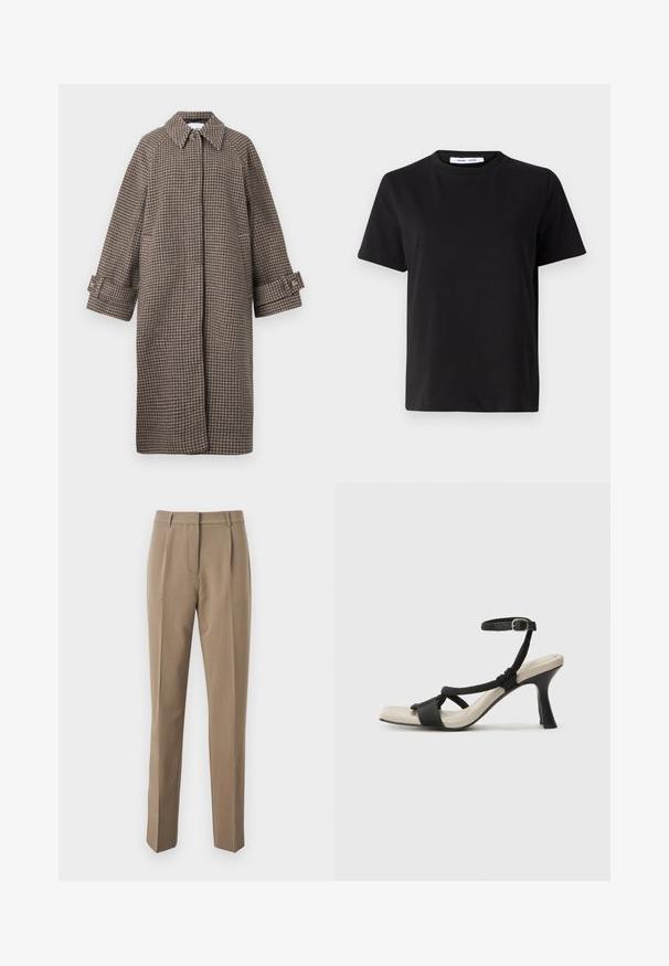 Bruine houndstoothjas met een kraag, knoopsluiting en brede mouwen. Beschikt over een A-lijn silhouet en een gestructureerde stof.; Zwart T-shirt met korte mouwen, gemaakt van zachte katoen, met een ronde hals, een ontspannen pasvorm en een gladde textuur. Geen zichtbare patronen of opdrukken.; Bruine op maat gemaakte broek van gladde stof, met een rechte pijp, plooien aan de voorkant en een tailleband met riemlussen.; Zwarte hoge hak sandaal met een gevlochten bandontwerp, vierkante teen en verstelbare enkelband. Lichtbeige voetbed met een glanzende zwarte hak.