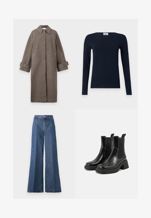 Ruskea houndstooth-takki, jossa on kaulus, nappisuljenta ja leveät hihat. Ominaisuuksiin kuuluu A-linjainen siluetti ja teksturoitu kangas.; T-paita pitkillä hihoilla, valmistettu pehmeästä puuvillasta. Ominaisuuksiin kuuluu pyöreä kaula-aukko, slim fit -malli ja tavallinen helma ilman näkyviä kuvioita tai koristeita.; Siniset leveälahkeiset farkut, joissa on korkea vyötärö, perinteinen viisi-taskumalli ja nappikiinnitys, valmistettu teksturoidusta puuvillakankaasta.; Mustat nahkaiset Chelsea-kengät paksulla korolla, joustavilla sivupaneeleilla ja kontrastilla valkoisella ompelulla. Teksturoitu pinta.