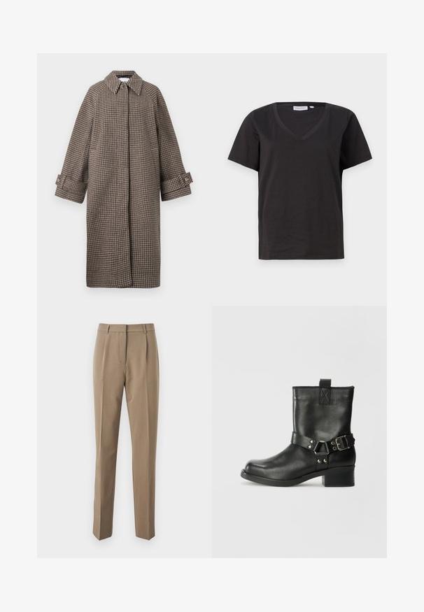 Hnedý kabát s houndstooth vzorom, s golierom, zapínaním na gombíky a širokými rukávmi. Má siluetu do A a textúrovanú látku.; Čierne bavlnené tričko s výstrihom do V a krátkymi rukávmi. Jednoduchý dizajn s bežným strihom a bez vzorov alebo akcentov.; Hnedé šité nohavice vyrobené z hladkej tkaniny, s rovno strihanými nohavicami, prednými záhybmi a pásom s pútkami na opasok.; Samsøe Samsøe SABRENTA - Kovbojská/motorkárska členková čižma - black