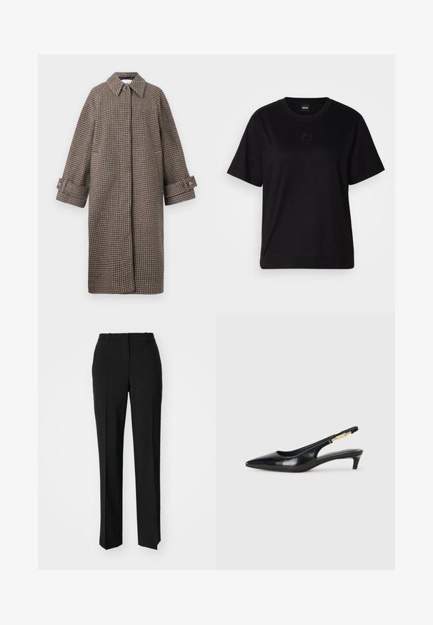 Cămașă cu pattern houndstooth de culoare maro, cu guler, închidere cu nasturi și mâneci largi. Prezintă o siluetă în formă de A și un material texturat.; T-shirt negru din bumbac, cu guler rotund, mâneci scurte și un logo brodat pe piept. Design simplu, cu o croială relaxată și fără modele.; Pantaloni negri tailor-ed cu un design drept, având o textură fină și cute clare pe față. Fără elemente de prindere vizibile.; Sandale slingback din piele neagră cu vârf ascuțit, având un toc subțire și un accent de culoare aurie pe curea ajustabilă. Textură netedă.