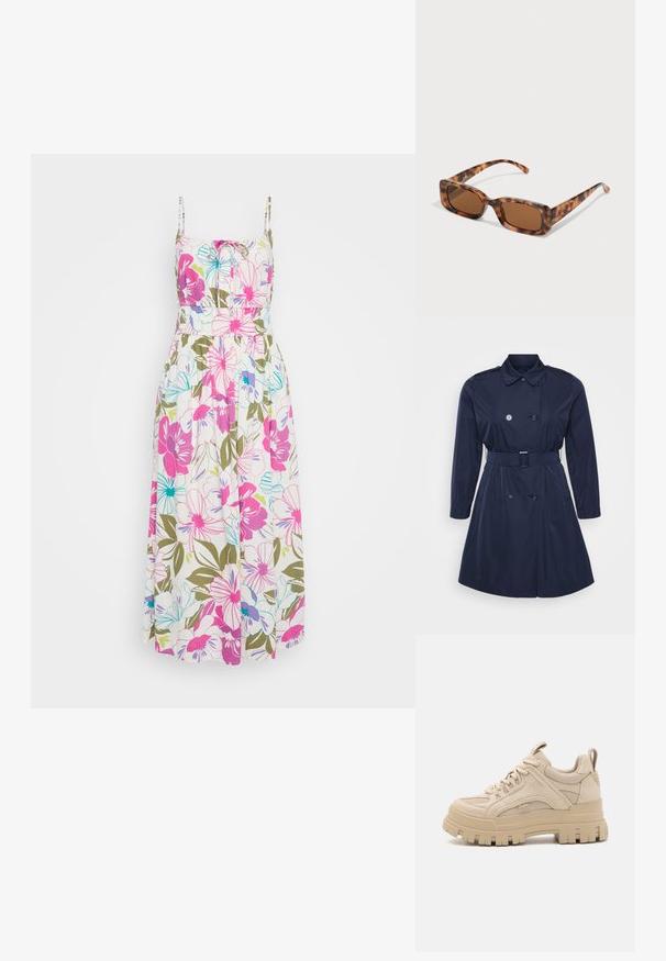 Námornícky trenčkot vyrobený z hladkej tkaniny, s dvojradovým zapínaním, nastaviteľným opaskom a bočnými vreckami, s klasickým golierom.; Kvetinové maxi šaty s tenkými ramienkami, zdobené jasne ružovými, modrými a zelenými kvetmi na bielom pozadí, so zberaným pásom a voľne padajúcou tkaninou.; Béžové chunky tenisky s kombináciou sieťoviny a semišu, s hrubou podrážkou a výrazným vzorom, šnurovací dizajn a detaily značky.; Rámik slnečných okuliarov z korytnačiny s obdĺžnikovými hnedými sklami, hrubým rámom a štíhlymi stranicami so vzorom rôznych odtieňov hnedej.; Žltý tkaný clutch peňaženka s preklápacím dizajnom, odnímateľným zápästným remienkom a zlatým reťazovým doplnkom. Hladký povrch a obdĺžnikový tvar.; Strieborné kruhové náušnice s hladkým, lesklým povrchom. Kolový tvar a bezpečné klikanie na uzatváranie. Ľahký dizajn vhodný na každodenné nosenie.