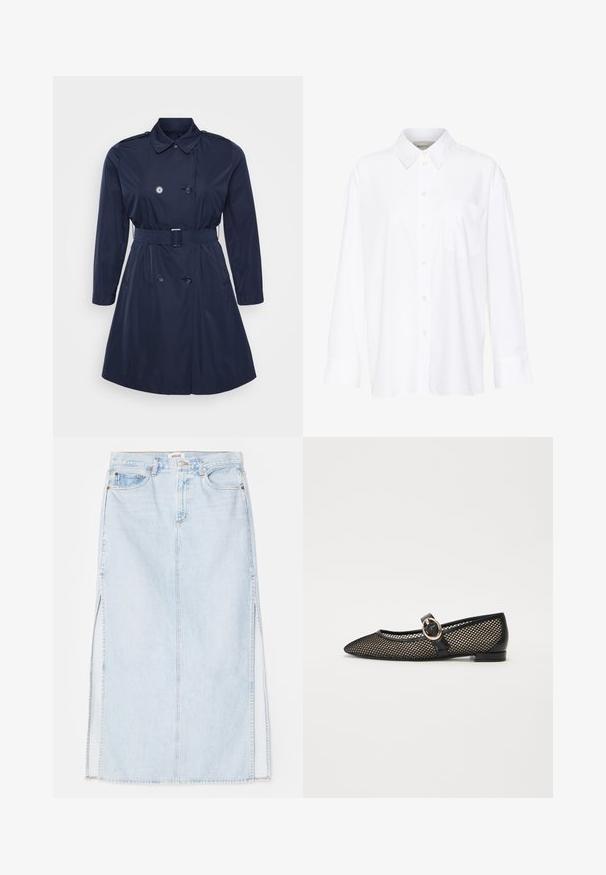 Palton lung de marin, confecționat dintr-un material neted, având un design cu guler dublu, curea ajustabilă și buzunare laterale, având un guler clasic.; Cămașă albă cu mânecă lungă și guler, fabricată din bumbac. Are un închidere cu băta pe față și un singur buzunar pe piept. Textură netedă, croială lejeră.; Fustă maxi din denim de culoare albastru deschis, cu croială dreaptă, având slituri laterale și design cu cinci buzunare. Cusături evidente și închidere cu nasture metalic.; Pantofii negri tip Mary Jane, cu vârf ascuțit, design din plasă, ușor de piele și cataramă rotundă aurie pe curea.