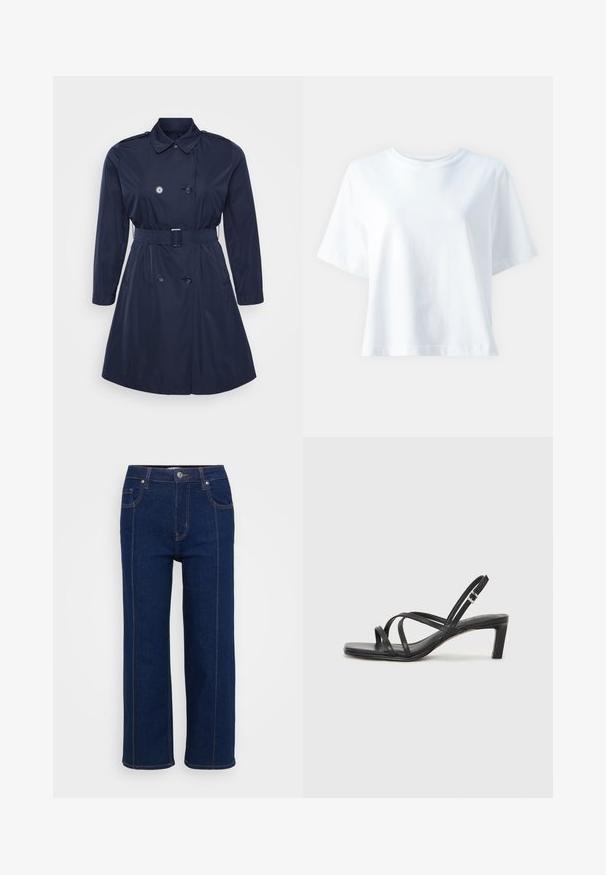Tengerészkék trench kabát sima szövetből, dupla gombolású kialakítással, állítható övvel és oldalsó zsebekkel, klasszikus gallérral.; Fehér pamut póló kerek nyakkivágással, rövid ujjakkal, laza szabással és sima felülettel. Nincsenek látható minták vagy díszítések.; Sötét kék, egyenes lábú farmernadrág gombos záródással, elülső és hátsó zsebekkel, valamint látható narancssárga varrással a varratok mentén.; Fekete pántos szandál négyzetes orral és alacsony blokk sarkal. Több vékony pánttal és állítható boka pánttal rendelkezik. Sima bőrből készült.