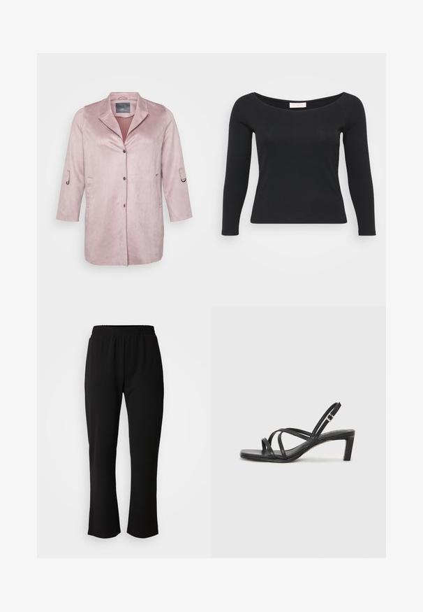 Gaiši rozā, maigs samta žaketes ar šalli, pogu aizdare un sānu kabatas. Trīs ceturtdaļu piedurknes ar regulējamu aproču detaļu.; Melna ilga piedurkne topa izstrādājums, kas izgatavots no ribota auduma, ar plašu apaļu kakla izgriezumu un pieguļošu siluetu.; ONLY Carmakoma CARLAMA STRAIGHT - Auduma bikses - black; Melnas strappy sandales ar kvadrātveida purngaliem un zemu bloku papēdi. Ievērojamas ar vairākiem plāniem siksniņām un regulējamu potītes siksniņu. Izgatavotas no gludas ādas.