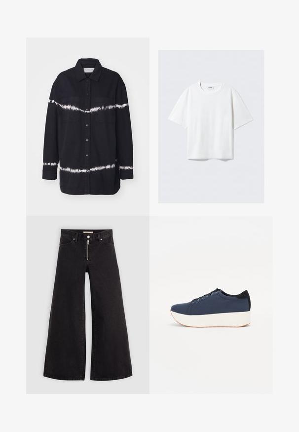 Camisa de mezclilla negra con un patrón de tie-dye blanco, mangas largas, cuello con solapa, dos bolsillos en el pecho y cierre frontal de botones.; Camiseta blanca de manga corta en suave tejido de algodón, con cuello redondo y corte relajado con dobladillo recto, lisa sin patrones ni gráficos.; Jeans de pierna ancha en denim negro con cierre frontal, diseño de cinco bolsillos y detalles de costura sutiles. Textura suave y estilo casual.; Zapatilla de color azul marino con parte superior de tejido texturizado, suela de plataforma blanca, punta redondeada y acento en el talón negro. Cuenta con seis ojales para los cordones.