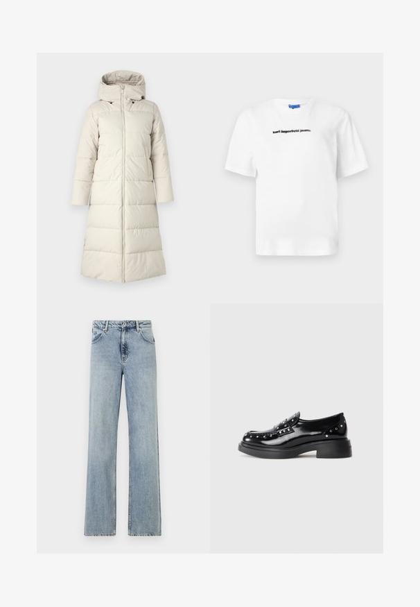 Világos bézs színű steppelt kabát kapucnival, elől cipzárral, hosszú ujjakkal és térdhez érő hosszúsággal. Simább textúra varrott panelek mentén.; Fehér pamut póló, rövid ujjú és kerek nyakkivágással. Az elején fekete nyomtatott szöveg található: "karl lagerfeld jeans". Sima anyagú.; Fakék, bő szárú farmernadrág. Gombos és cipzáros záródás, elülső zsebek és enyhe fakulás jellemzi. Tiszta szegések.; Fekete lakk bőr lakkcipők díszes ezüst szegecsekkel, kerek orral, alacsony blokk sarkal és sima fényes textúrával.