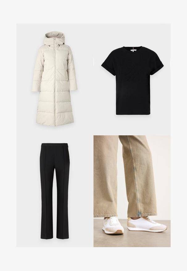 Vaaleanbeige untuvapuku, jossa on huppu, edessä vetoketju, pitkät hihat ja polvipituinen malli. Sujuva pinta ja ommeltuja paneeleja.; Mustapaita, jossa on lyhyet käärityt hihat, keskellä kohokuvioitu logo ja sivussa pieni lipputunnus.; Mustat, räätälöidyt housut, joissa on sileä pinta, suora lahje, keskitetyt etupregat ja minimalistinen vyötärönauhan muotoilu.; Valkoiset tennarit, joissa on beige mokkasuusivustus, litteä nauhakiristys ja kumipohja, yhdistettynä vaaleanbeigeihin suoriin farkkuihin.
