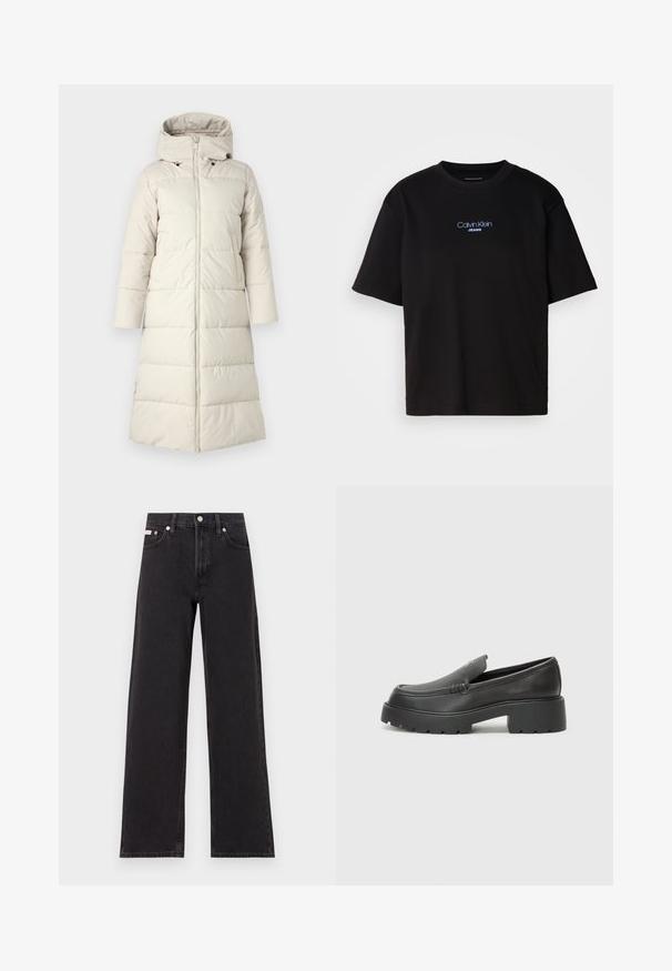 Lys beige pufferjakke med hætte, der har en frontlynlås, lange ærmer og en knælang design. Glat tekstur med syede paneler.; Sort bomulds t-shirt med rund hals, korte ærmer og blåt broderet "Calvin Klein JEANS" logo på fronten.; Sorte vidde jeans lavet af denim, med høj talje, fem-lomme stil og en metalknap lukning med kontrasterende syninger.; Sorte læder loafers med rund tå, tyk tekstureret sål og minimale syninger. Elegant design uden synlige snørebånd eller hardware.