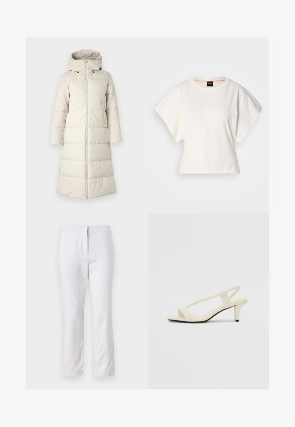Light beige puffer coat with a hood, featuring a front zipper, long sleeves, and a knee-length design. Smooth texture with stitched panels.; White cropped T-shirt, short wide sleeves, soft cotton material, round neckline with subtle orange trim, minimal design, no patterns or graphics.; White cotton pants with a straight leg design, featuring a mid-rise waist and no visible hardware or patterns. Smooth texture throughout.; Beige block-heeled sandals with thin straps and a square toe. Smooth material with minimal detailing, designed for easy wear.
